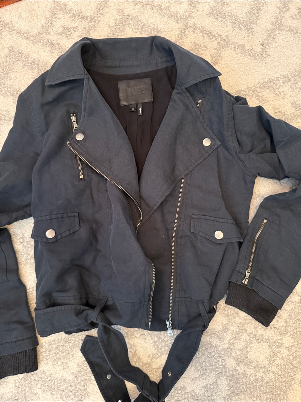 PAIGE Navy Blue Moto Jacket with Belted Hem